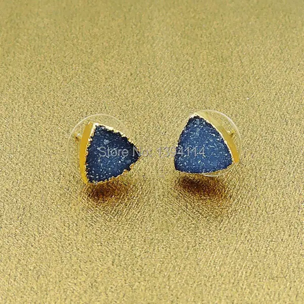 Blue Agate Druzy Triangle Earrings 24k Gold Plated Approx 8mm 10mm