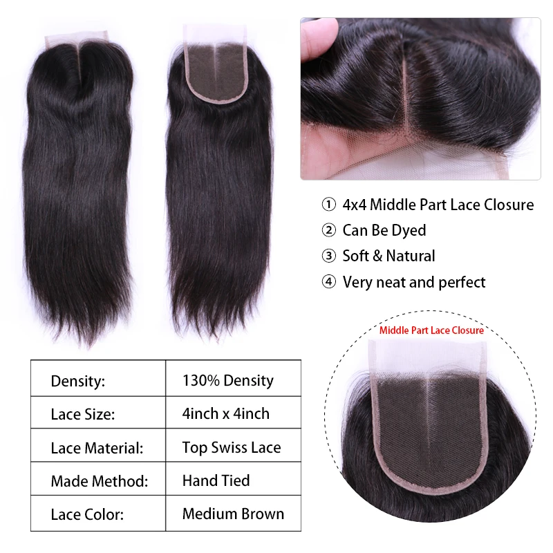 Queen Hair Official Store HD Lace Brazilian Virgin Hair Closure 4x4 Middle Part Straight Natural Color 1B HD Swiss Lace Closure