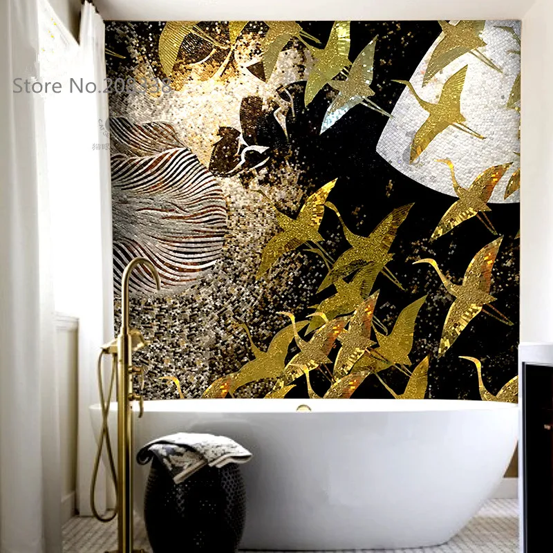 Ss201 gold leaves crystal mosaic cut picture tv background wall tile