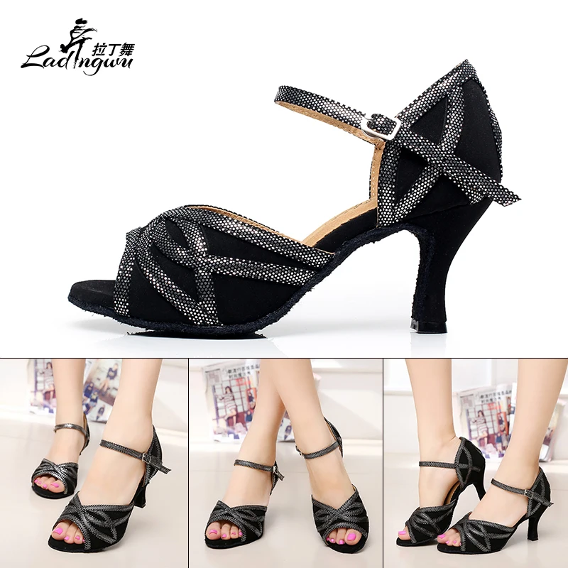 Ladingwu-zapatos de baile latino para mujer, calzado de franela y purpurina para Salsa, Samba, salón de baile, rojo/azul/negro