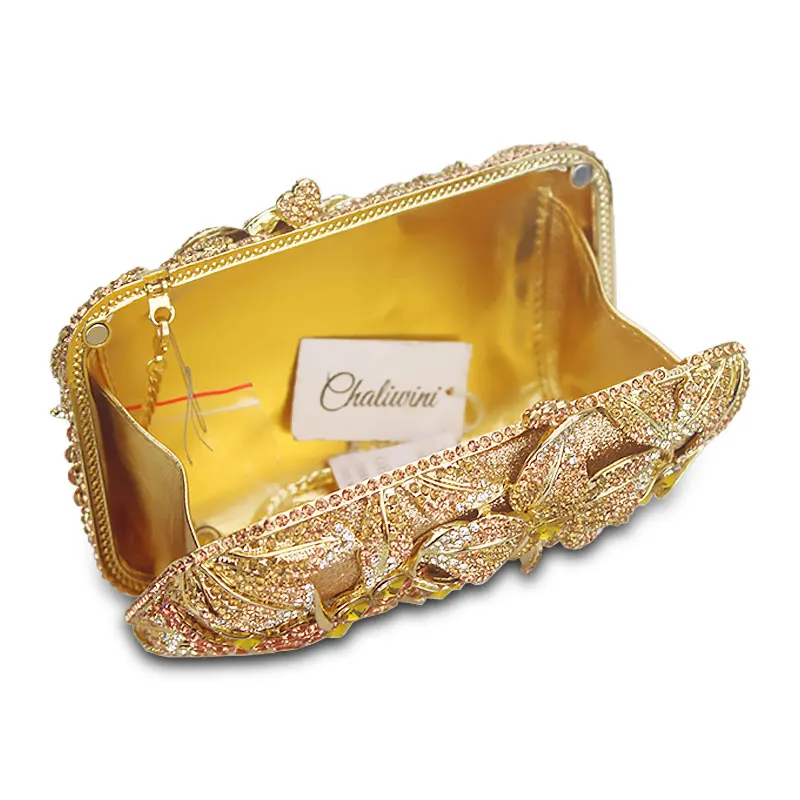 Luxury Golden Rose  yellow Flower Party Purse Women Wedding Bridal Handbag Pouch Soiree Pochette Bag Crystal Clutch Evening Bag image 6