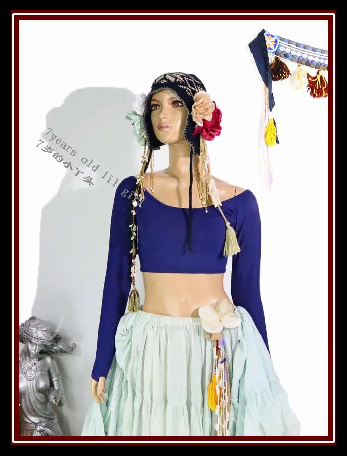 Haut de danse du ventre en coton Lycra, manches longues, Costume Tribal, AS60-61