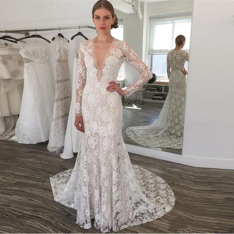 

Graceful Lace Mermaid Wedding Dresses Deep V-neck Long Sleeve Country Formal Robe De Mariee Sweep Train Bridal Gowns