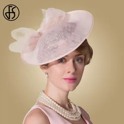 FS Fascinators For Women Elegant Pink Linen Pillbox Hat Royal Weddings Hats Ladies Sinamay Derby Dress Cocktail Fedoras