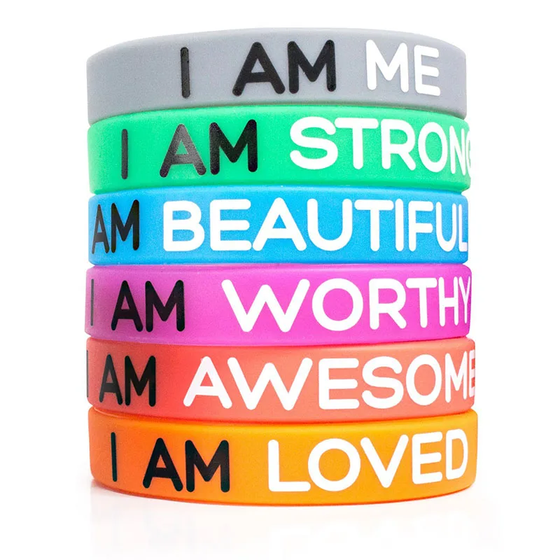 

6pcs Silicone Wristbands Rubber Band Bracelets Motivational Reminder I AM ME, I AM STRONG I AM BEAUTIFUL Bands for Women and Men