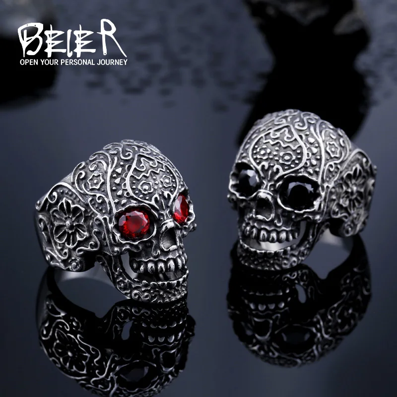 Beier 316L stainless steel ring hot sale punk biker skull man Classic Garden Flower Skull ring fashion jewelry  LLBR8-071R