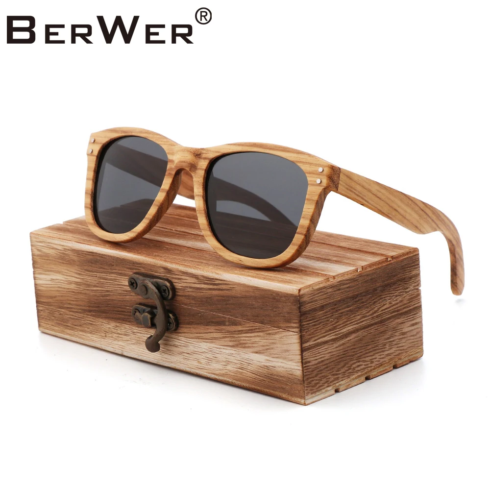 

BerWer 2023 Zebra Wood Sunglasses For Men Women Retro Sun Glasses Polarized Lens UV400 With Case
