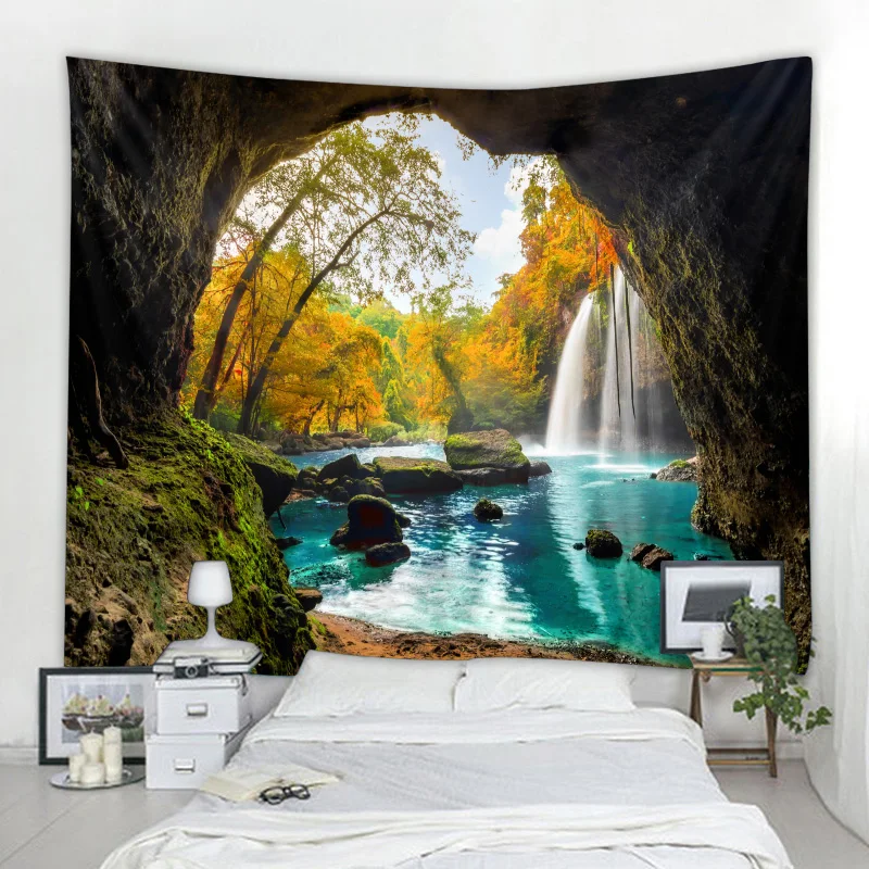 Beautiful Cave Waterfall Print Wall Hippie Tapestry Polyester Fabric Home Decor Wall Rug Carpets Hanging Big Couch Blanket image 3