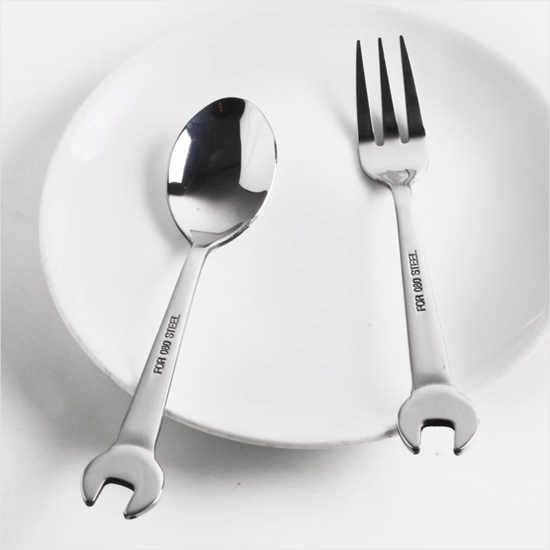 Stainless Steel Fork Dessert Scoop Spanner Shape Dinner Scoop Creative Mirror Polish Main Steak Fork Dinnerware Set 4pcs/set