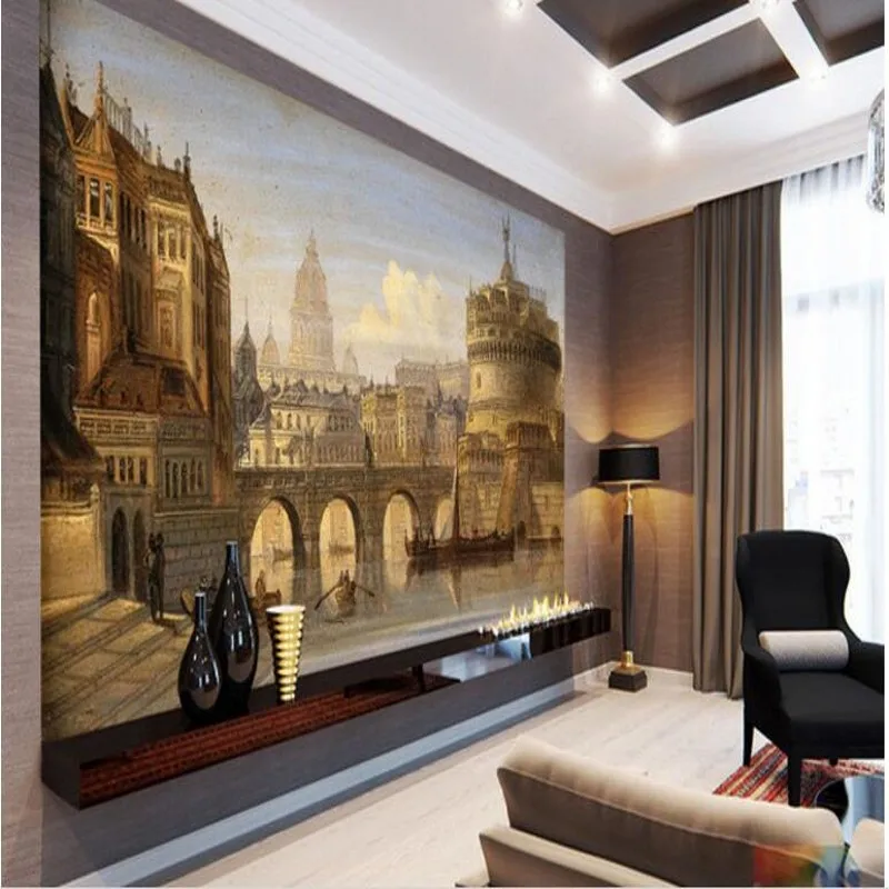 

wellyu Custom large frescoes Rome Saint Angel Castle European oil painting background wall non - woven wallpaper