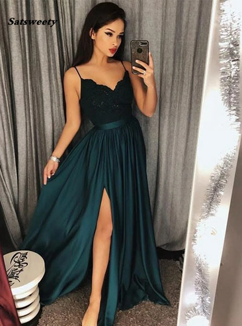 Bridesmaid Dresses Long Spaghetti Strap Lace Satin Elegant Formal Party Gowns Sexy Side Split Prom Gowns Robe De Soiree