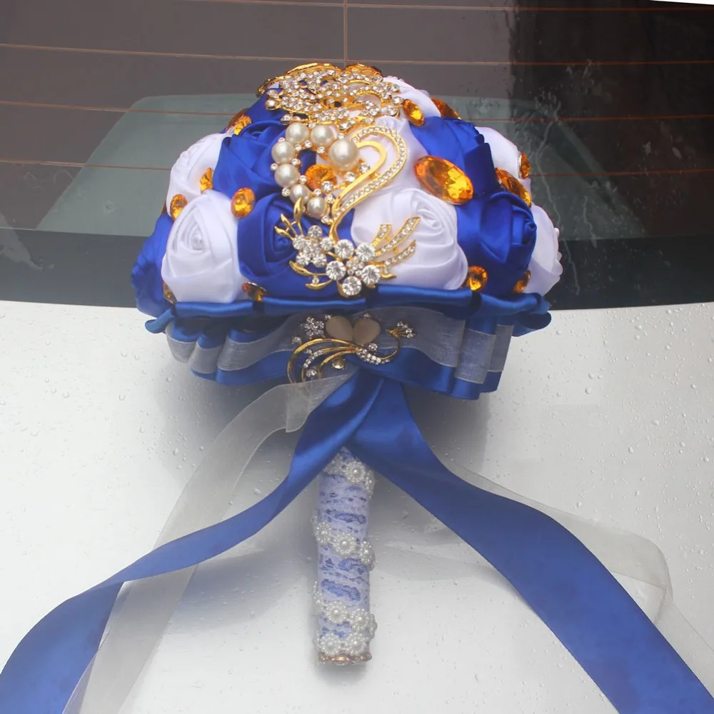 WifeLai-A Gold Brooch Hand Holding Flower Bouquets Custom Royal Blue Ivory Bridal Bridesmaid Crystal Silk Wedding Bouquet  W227