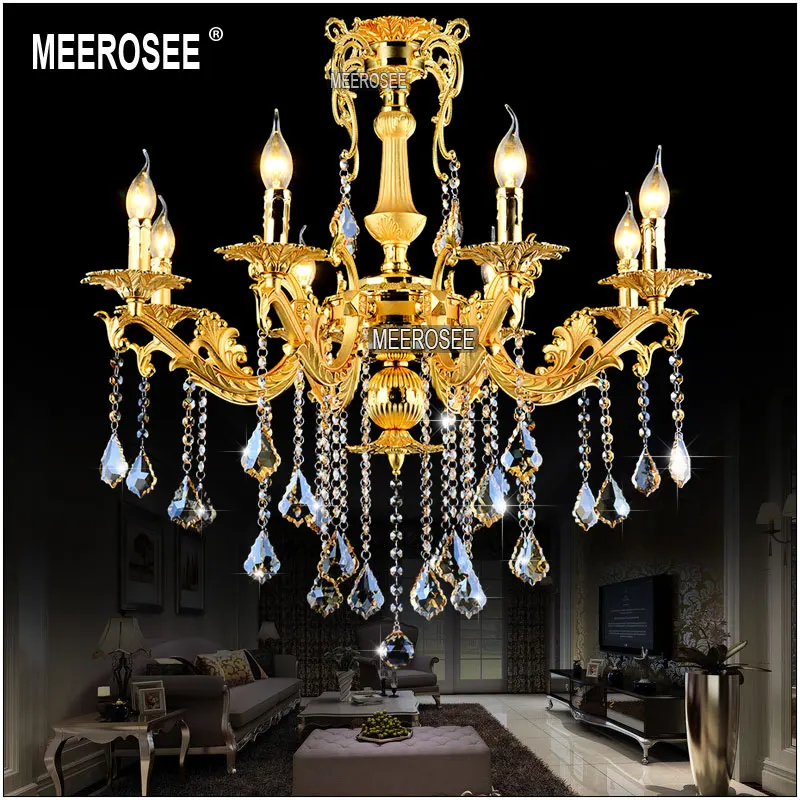 Gold Crystal Chandelier Lighting Fixture 8 Arms Classic Metal Chandelier Crystal Lustre Hanging Lamp for Foyer MD8676 L8