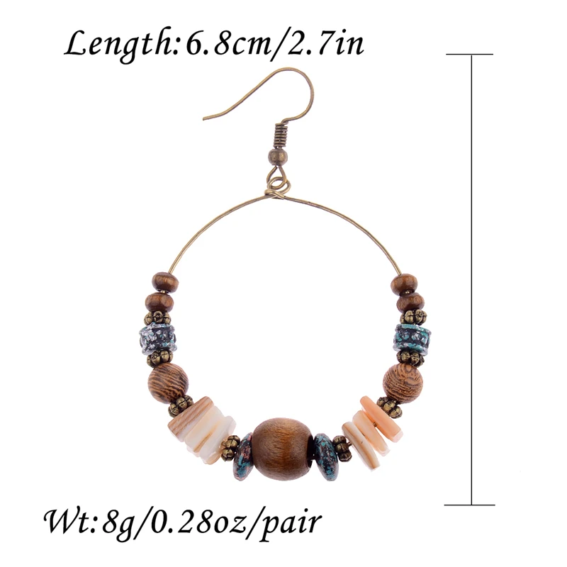 DOUVEI 2021 Ethnic Bohemia Women\'s Gypsy Big Bronze Wood Beads Round Drop Boho Earrings Vintage Style For Female HQE741