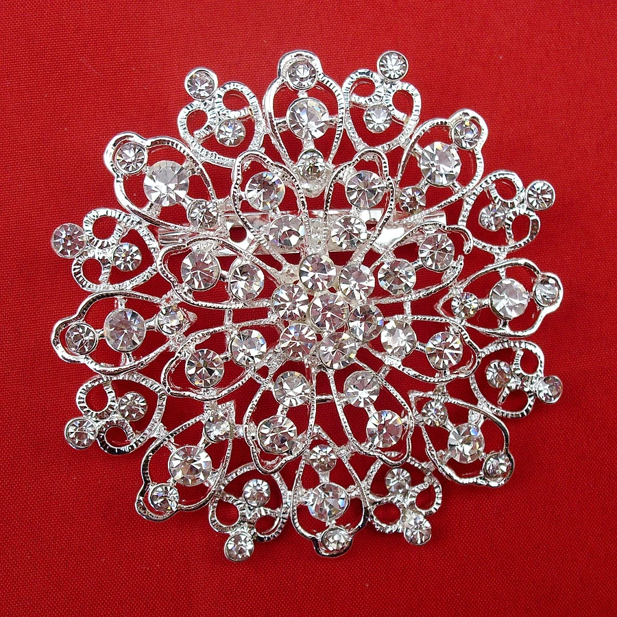 Fashion Large Round Elegant Vintage Rhinestone Snowflake Flower Style Silver Plated Star Pin Beautiful Brooch, Item No.: BH7469