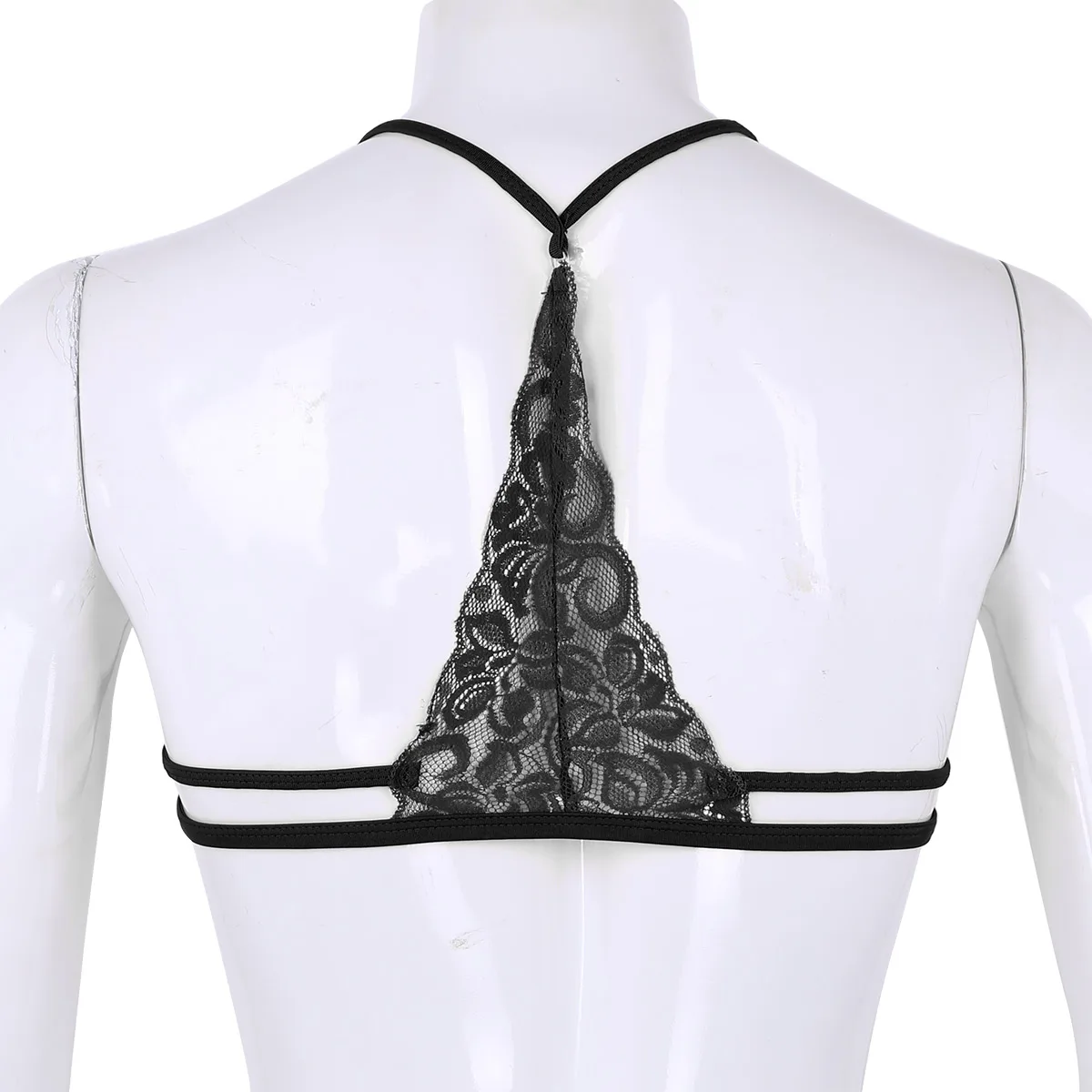 Sexy Male Mens Sissy Lingerie Mesh See Through Sheer Floral Lace Y-shape Back Wire-free Unlined Triangle Bralette Bra Top