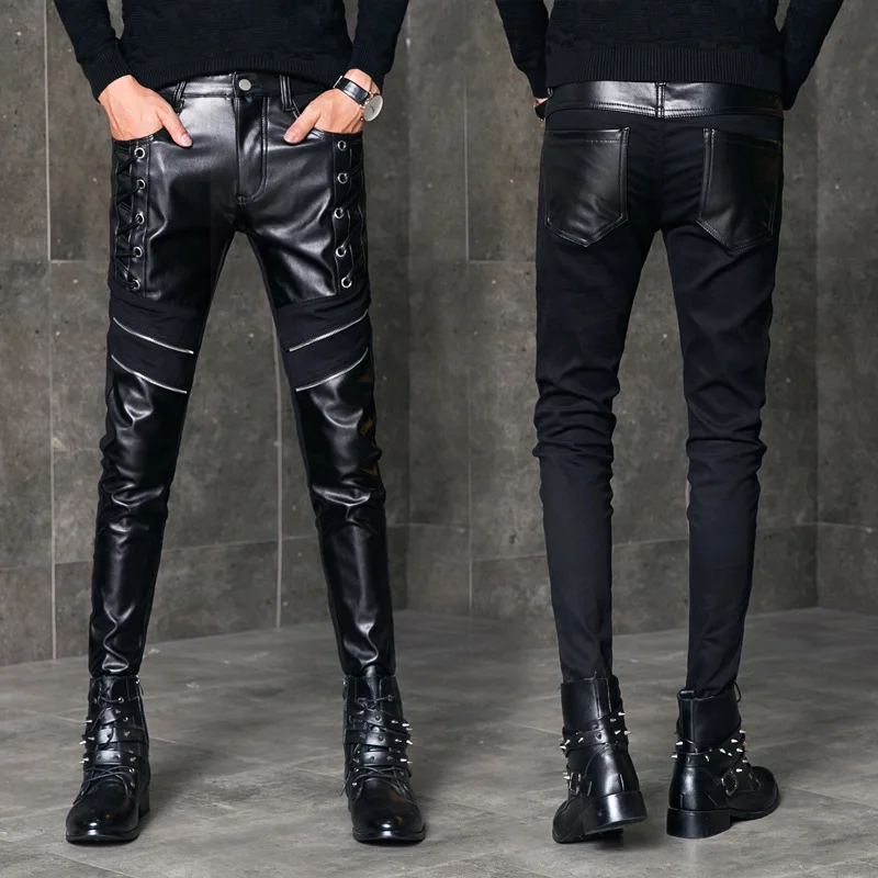 Idopy New Mens Skinny Faux Leather Pants Personlity Motorcycle Black Slim Fit Biker Leather Pants  Gothic Trousers For Men