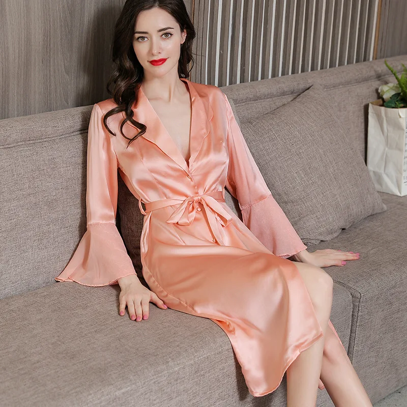 Latest Long-Sleeve Real Silk Sleeping Robes Female Spring Summer 100% SILK Sexy Sleepwear Solid Color Woman Bathrobes P9952