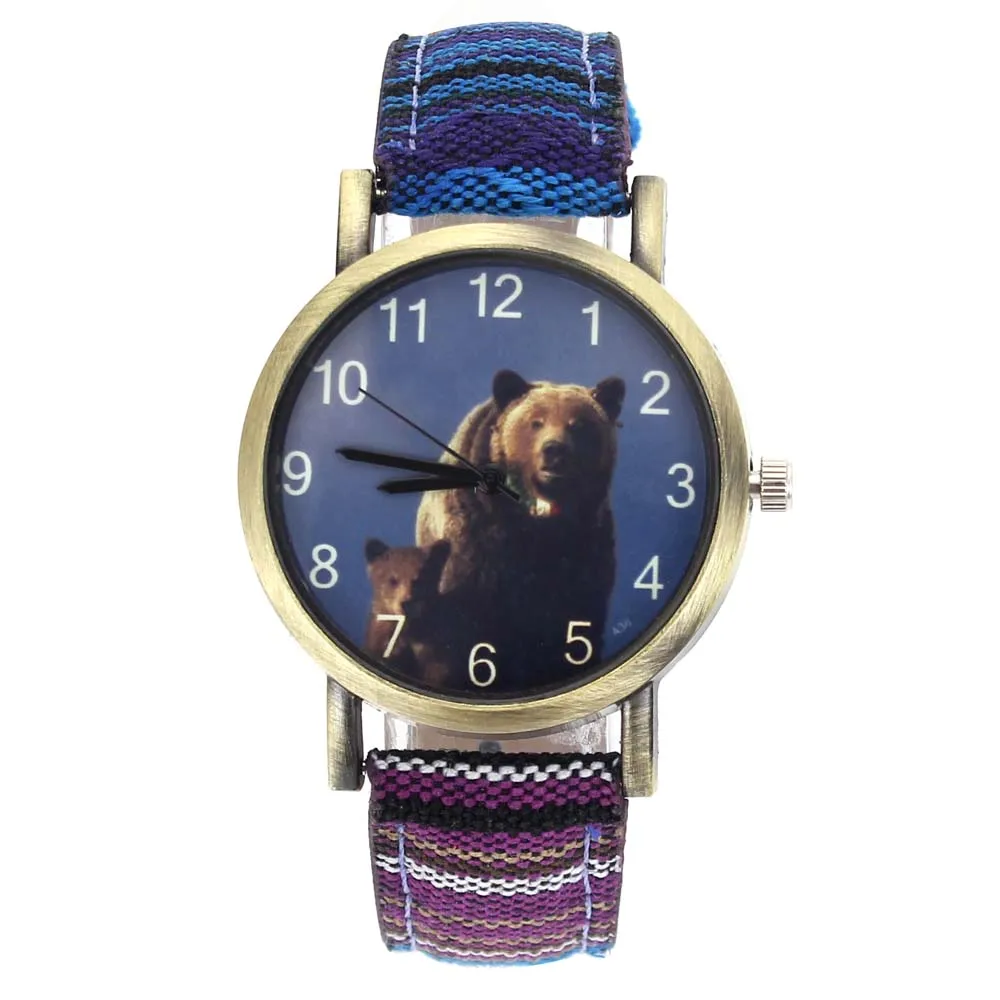 Big Brown Bears Grizzly Mama Bear Arctos Animal Fashion Men Women Accessories Stripes Denim Canvas Band Sport Quartz Watch