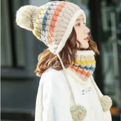 MAERSHEI 2020 winter hat female knit plus velvet thickening wild hair ball cap collar set Korean version of the warm contrast co