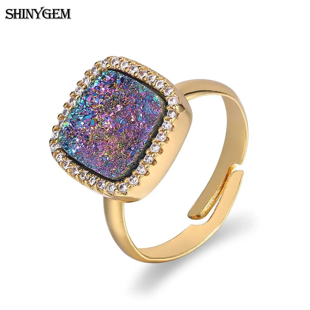 ShinyGem Scintillante Quadrato Arcobaleno Naturale Druzy Pietra Intarsio Zircone Anelli di fidanzamento per matrimonio in rame regolabile per le donne