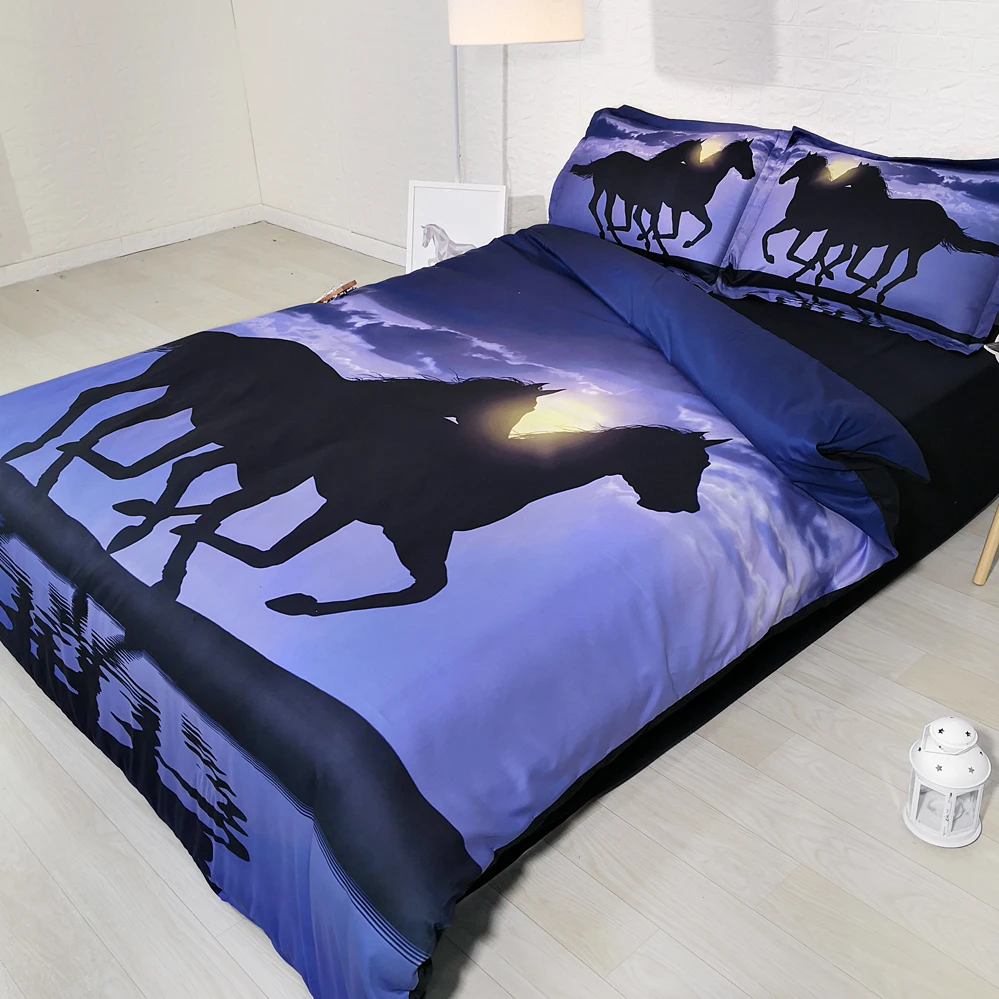 4 PCS PER SET Horses running on the beach at Sunset 3d Digital animal bed set with 3D Blanket Cover 3D Bed Linens