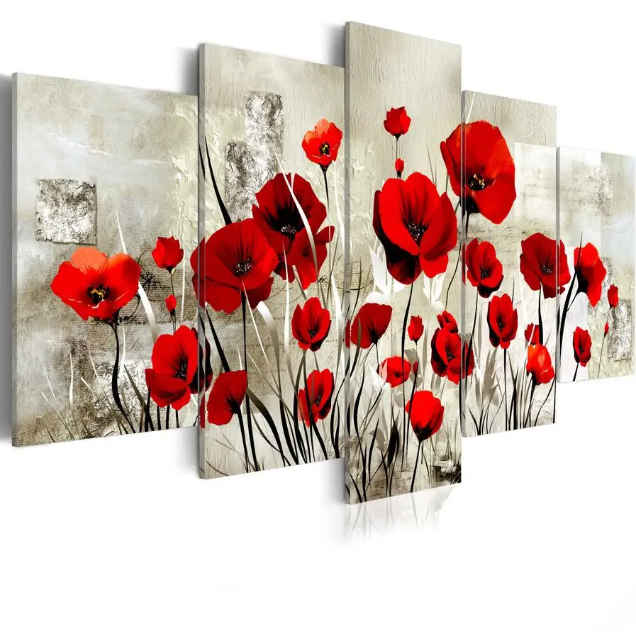 5PCS/Set Red Pruple Poppy Flower Art Print Frameless Canvas Painting Wall Picture Home Decoration,Choose Color And Size No Frame