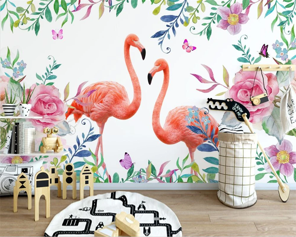 

Custom size mural Banana leaf plant Flamingos background mural home decor Children's room cartoon hanging picture 3d wallpaper