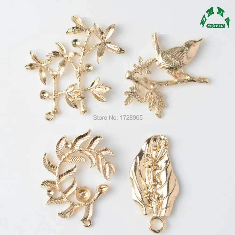 Flower Tree Leaf Branch Bird Charm Pendants 5pcs Gold color Beautiful Luxury Bridal Hair Accessories Finding