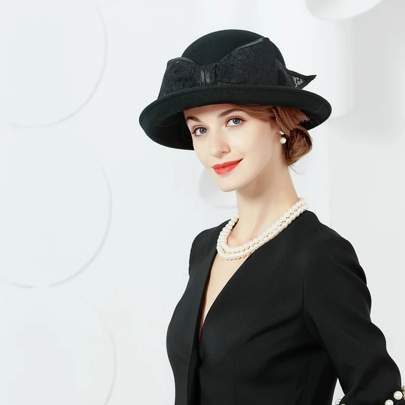 Winter Autumn Wool Felt Hat Black Fedora For Womens Wide Brim Cloche Hat With Bowknot Lady Chapeu Vintage Ladies Church Hats