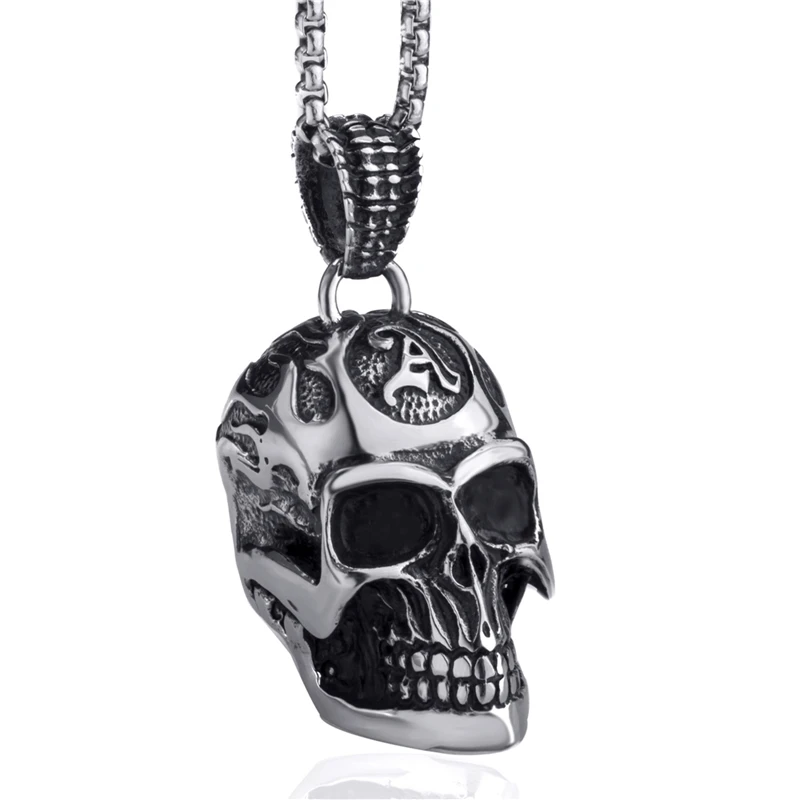 

Men Big Heavy 3D Flaming Skull Stainless Steel Pendant Necklace Punk Biker Chain Jewelry