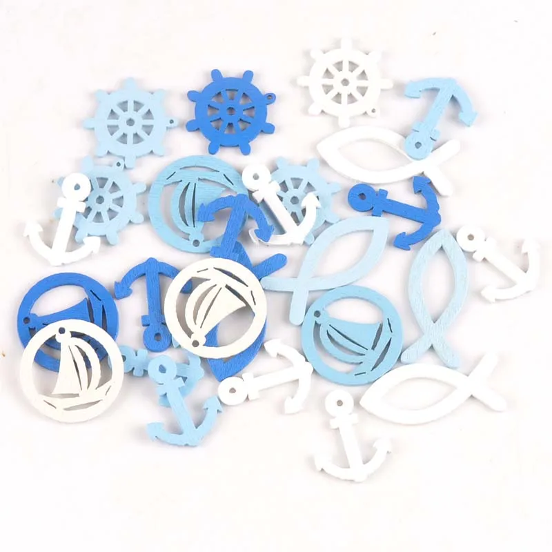50pcs anchor/ship/rudder pattern Blue wood pendant Scrapbooking Carft for Home Drop Hanging decoration diy 20-35mm MT1969