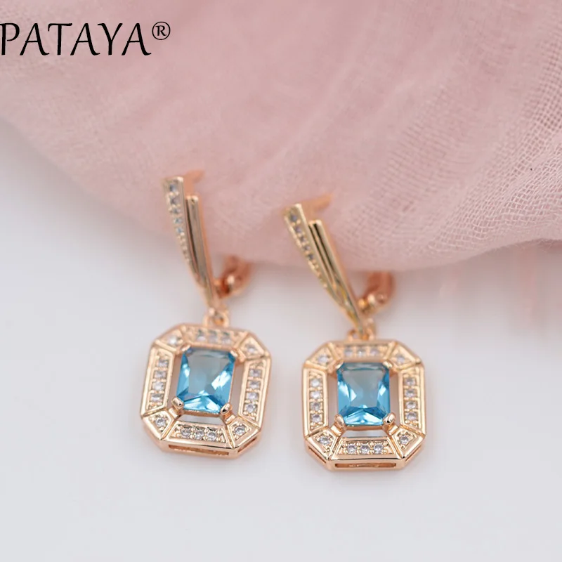 PATAYA New 585 Rose Gold Colors Dangle Earrings For Women Square Natural Zircon Long Earring Fashion Wedding Jewelry