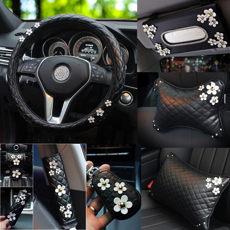 Cute Daisy Flower Auto Interior Leather Steering Wheel Cover Decoration Gear Shifter Hand Brake Case Seat Belt Car Accessories