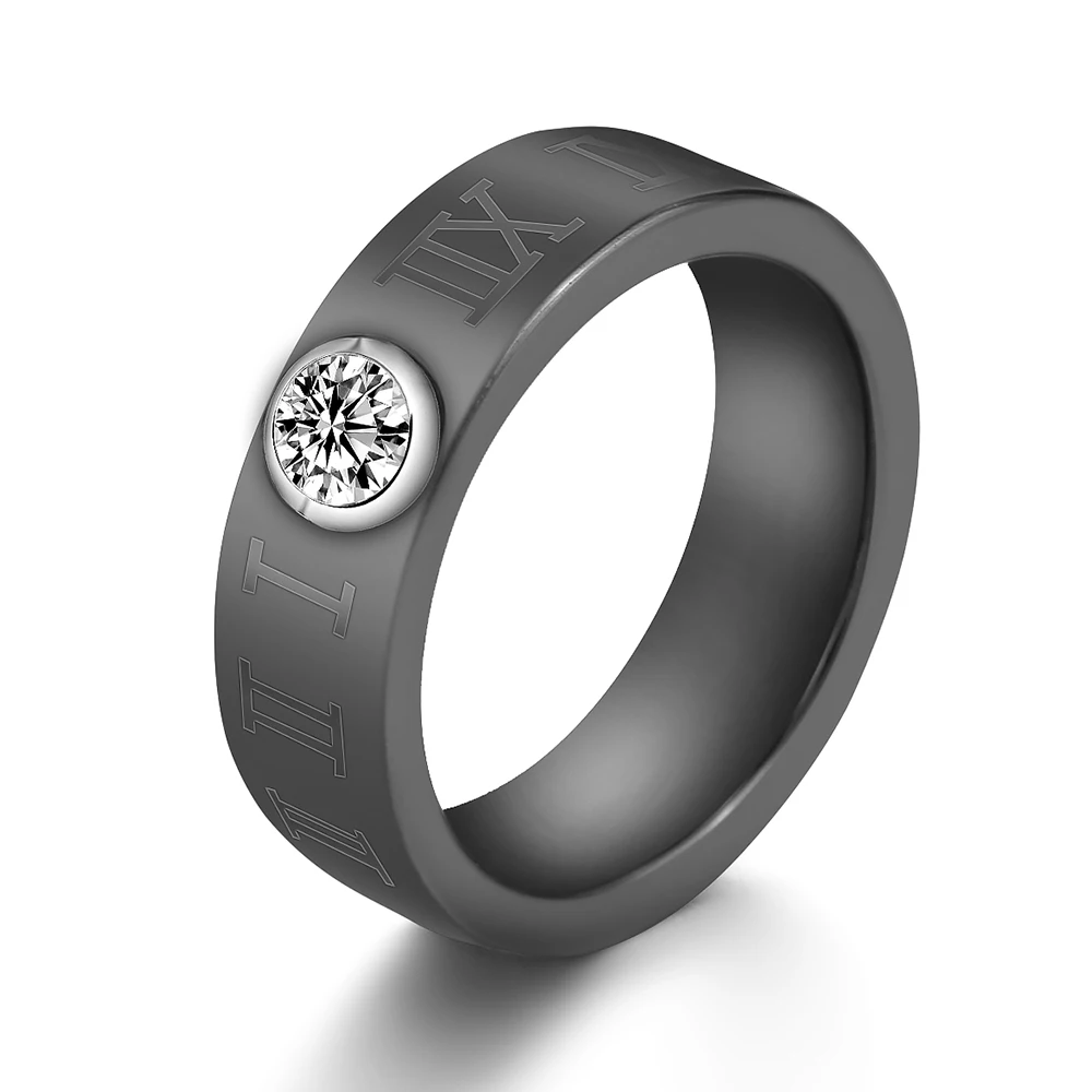 Fashion Ceramic Ring Party Gifts Roman Numeral Women Wedding Cool Band Number Black Jewelry Stainless Steel Rings With Crystal