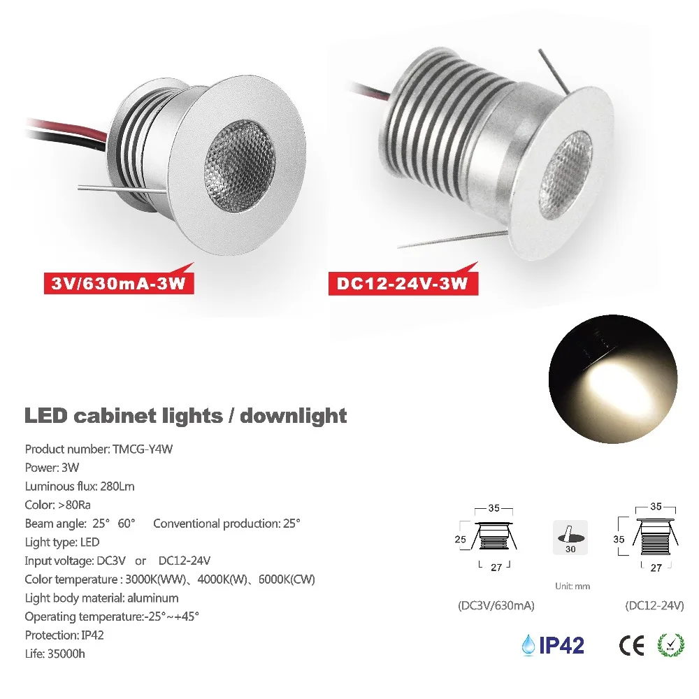 Mini Super Bright Cabinet Light, Cutout 30mm Downlight, 3W, 25D, , DC12-24V, DC3V, 600mA,  Ceiling Spotlight,24PCS