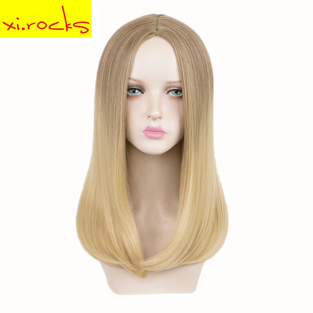 3515 Xi.rocks Natural Hair Straight Gold Synthetic Wigs Ombre Medium Length Hair Ivanka Trump Cos Wig High Temperature Fiber