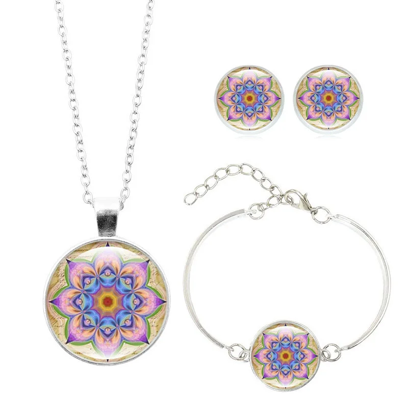 Mandala Flower Jewelry Sets Pendant Necklace Bracelet Earrings Sets Glass Cabochon Religious Buddhism Jewelry
