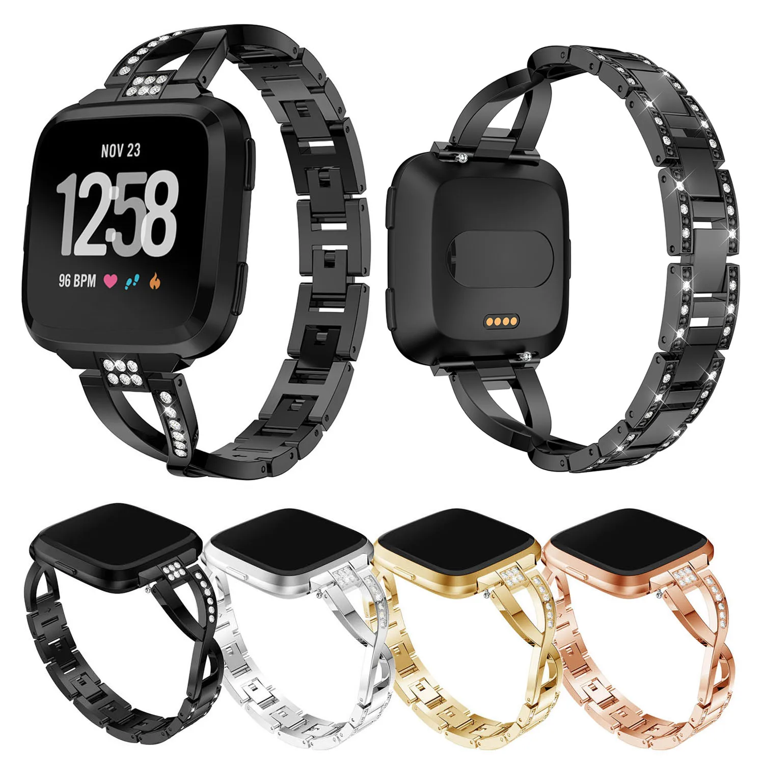 سوار ساعة Fitbit Versa ، فولاذ مقاوم للصدأ ، مرصع بأحجار الراين الماسية ، سوار ساعة Fitbit Versa الذكية