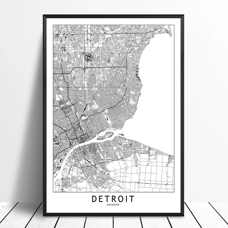 Detroit Black White Custom World City Map Posters Prints Nordic Style Wall Art Pictures Home Decor Canvas Painting