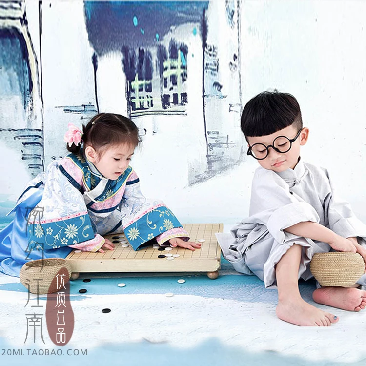 Yi Qu Playing Chess Chinese Republican Period Little Boy and Little Girl Costume  Hanfu Photography Use Stage Performance