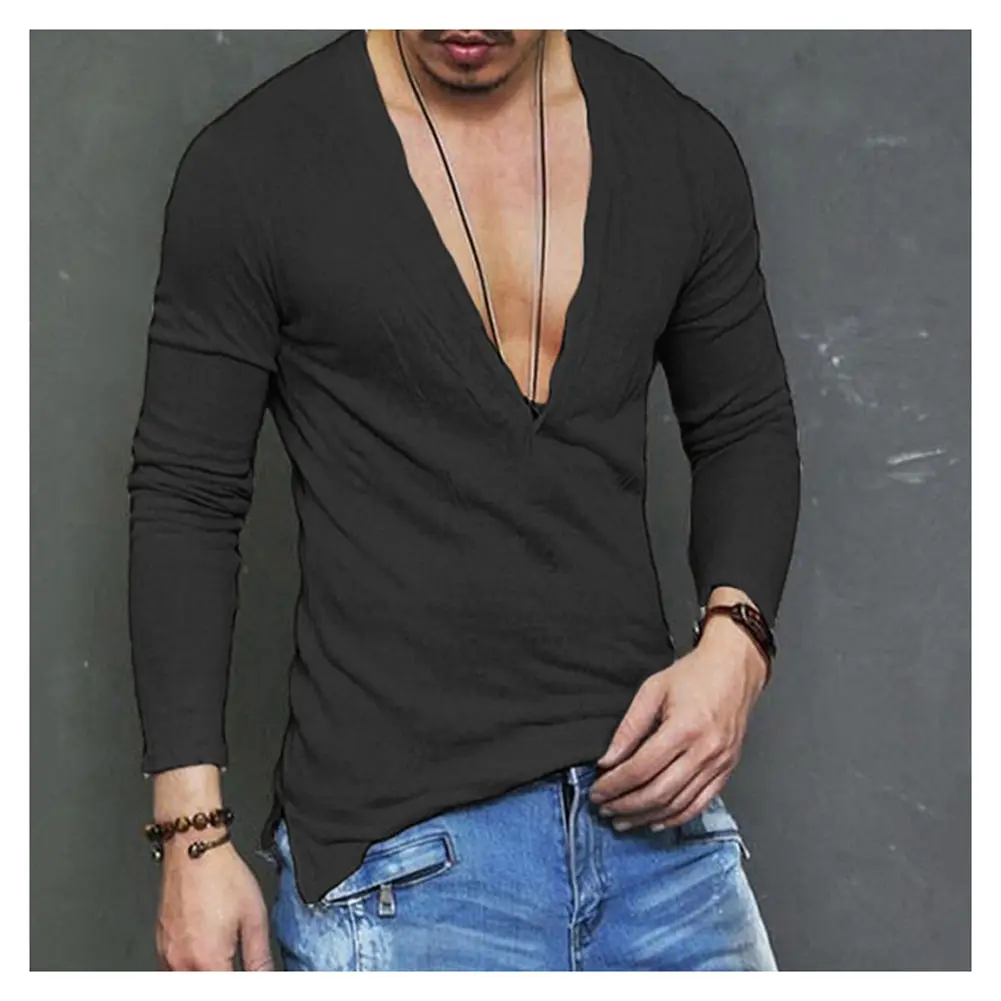 US Stock Fashion Men Casual Slim Fit Long Sleeve Deep V-neck Sexy Shirt T-shirts