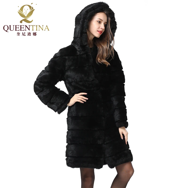 QUEENTINA Neue Winter Echt Kaninchen Fell Jacke Schwarz Dicke Warme Weiche Frauen Weihnachten Outwear Volle Pelt Natürliche Pelz Mäntel