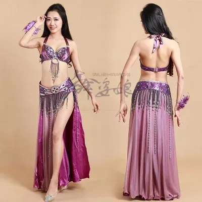 

Belly Dance Costume Set 3pcs Bra/Belt/Skirt Bellydancing Practice Clothes Suits for Stage Show 10 colors available