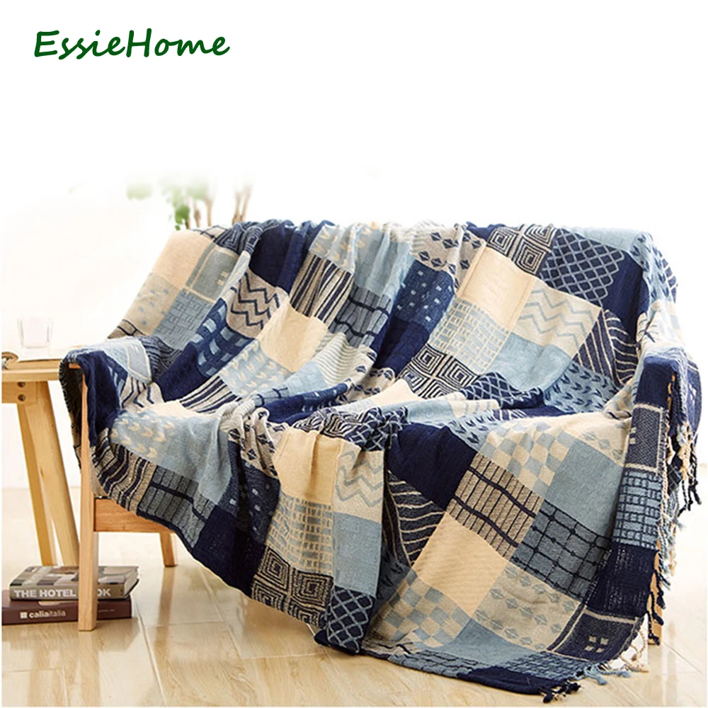 ESSIE HOME Sofa Blanket Chenille Blue Beige Plaid Bohemia For Sofa Living Room Bedroom Rug Soft Bedspread Table Cloth Tapestry