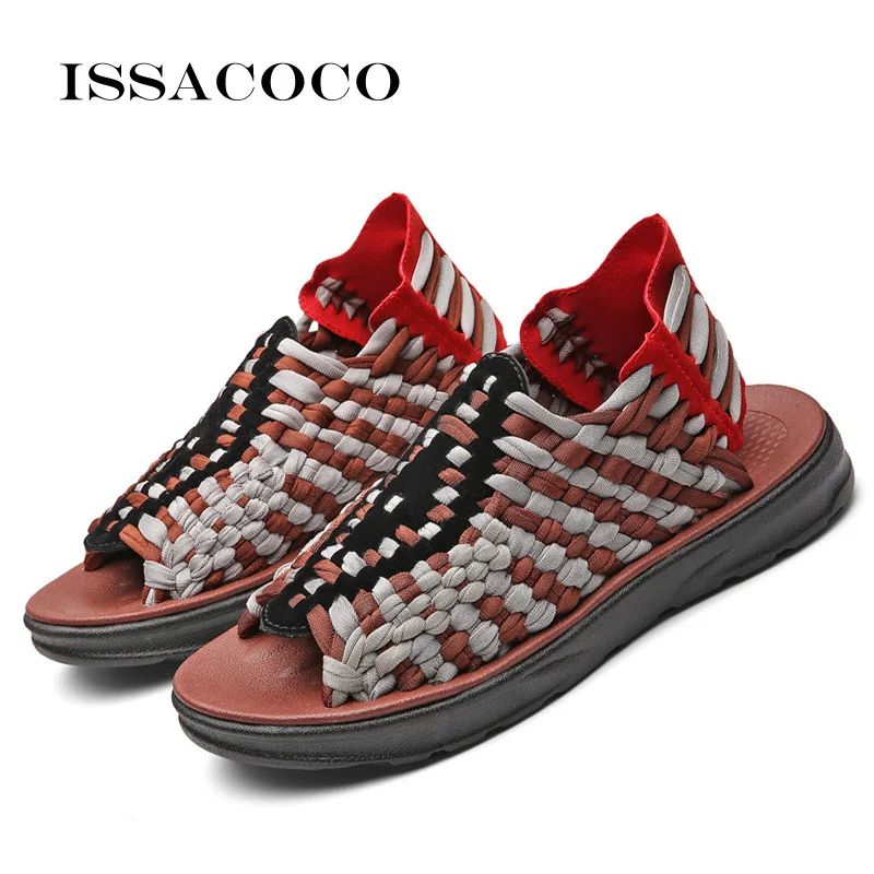 ISSACOCO Men\'s Summer Slippers Men Artificial Weaving Flat Shoes Outdoor Casual Shoes High Quality Non-slip Sandals Adult Beach