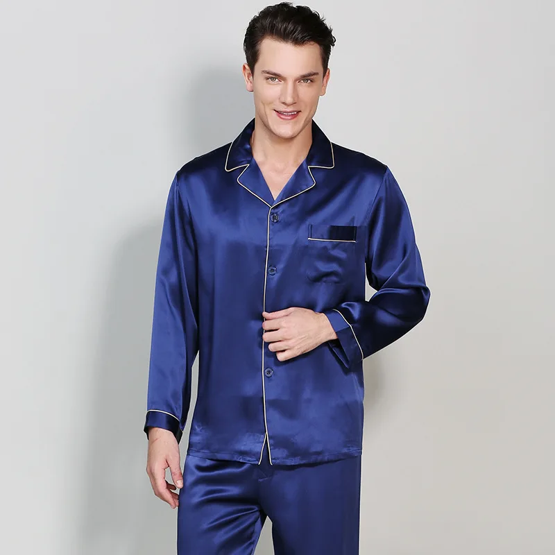 Man\'s Long Sleeve Genuine Silk Pajamas 19MM Heavy Silk Pyjama Sets 100% Silkworm Silk Sleepwear Male Solid Color T9002-ZB