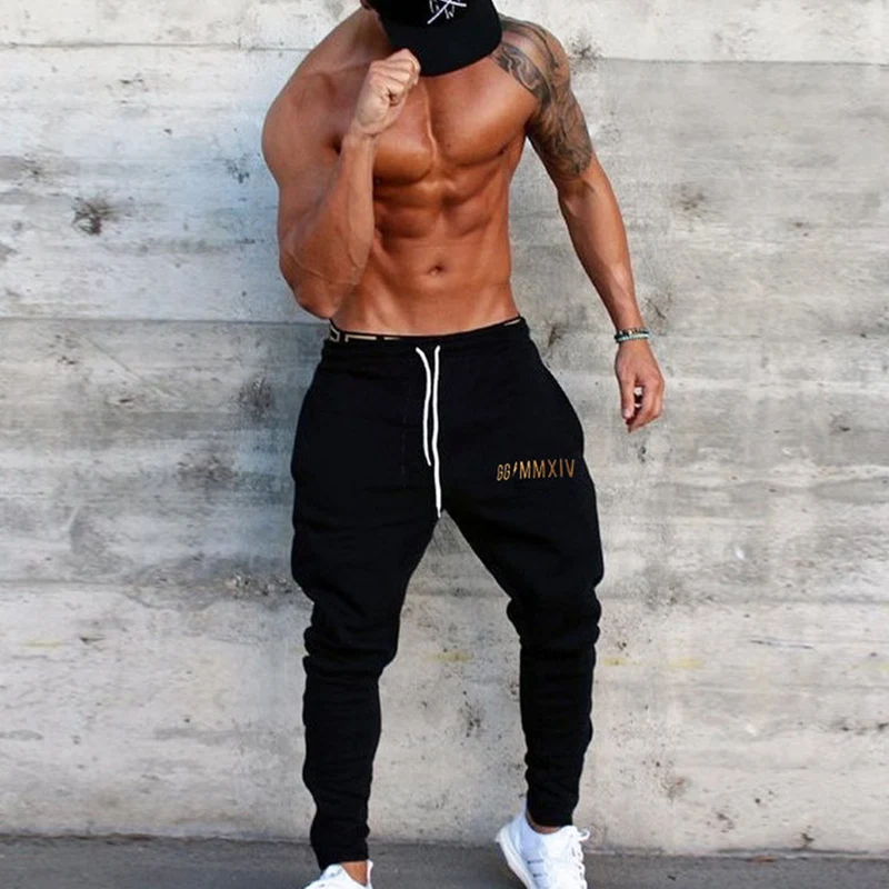 Black Joggers Sweatpants Men Cotton Print Casual Pants Gym Fitness Slim Drawstring Trousers Male Sportswear Running Trackpants