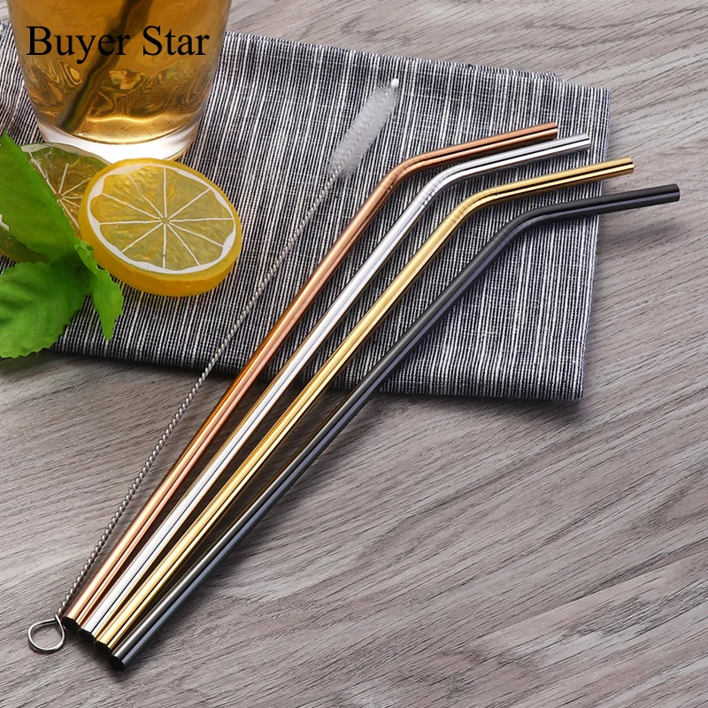 

100pcs Stainless Steel Drinking Straws+Cleaner Brush Reusable Unfolded Bend Metal Straw Gold Black Kitchen Hot