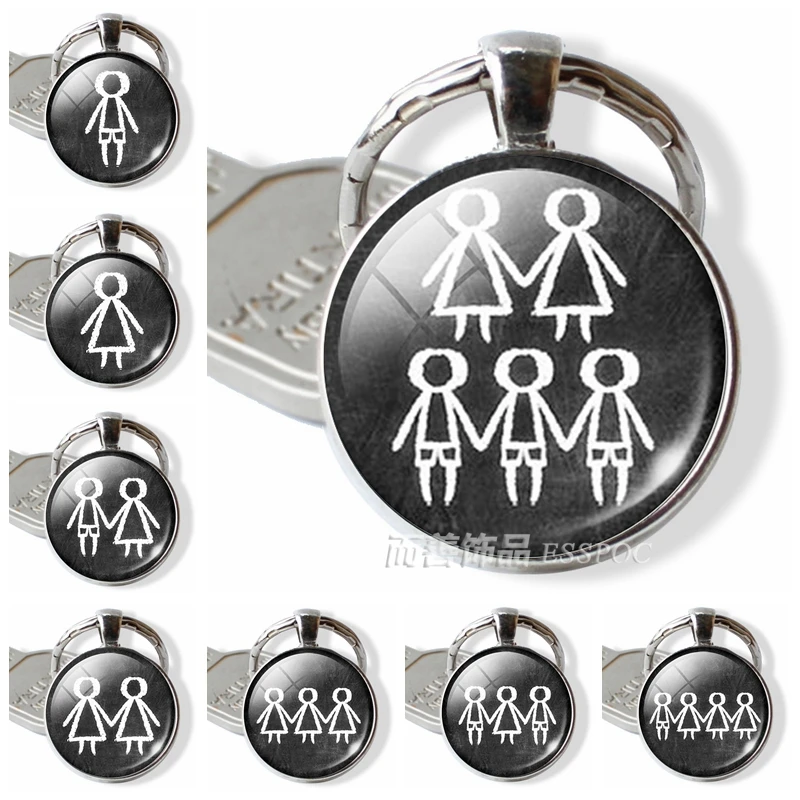 Chalk Drawing Family Matchstick Keychain Glass Cabochon Jewelry Key Chain Cartoon Keyring Men Women Lover Gift